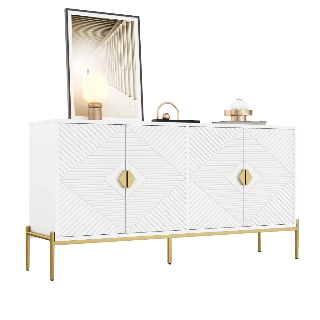 Credenza con 4 Ante; Motivo Geometrico 3D; Maniglie Dorate; Gambe in Metallo; Stile Moderno; 162??40??80 cm; Bianco
