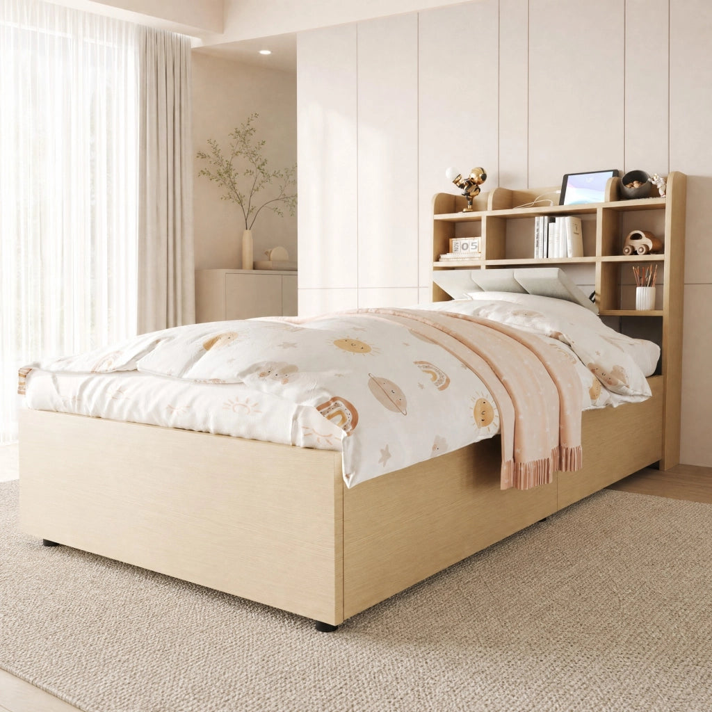 LETTO Contenitore Idraulico 90x200 cm MDF Colore Legno Naturale con USB e USB-C