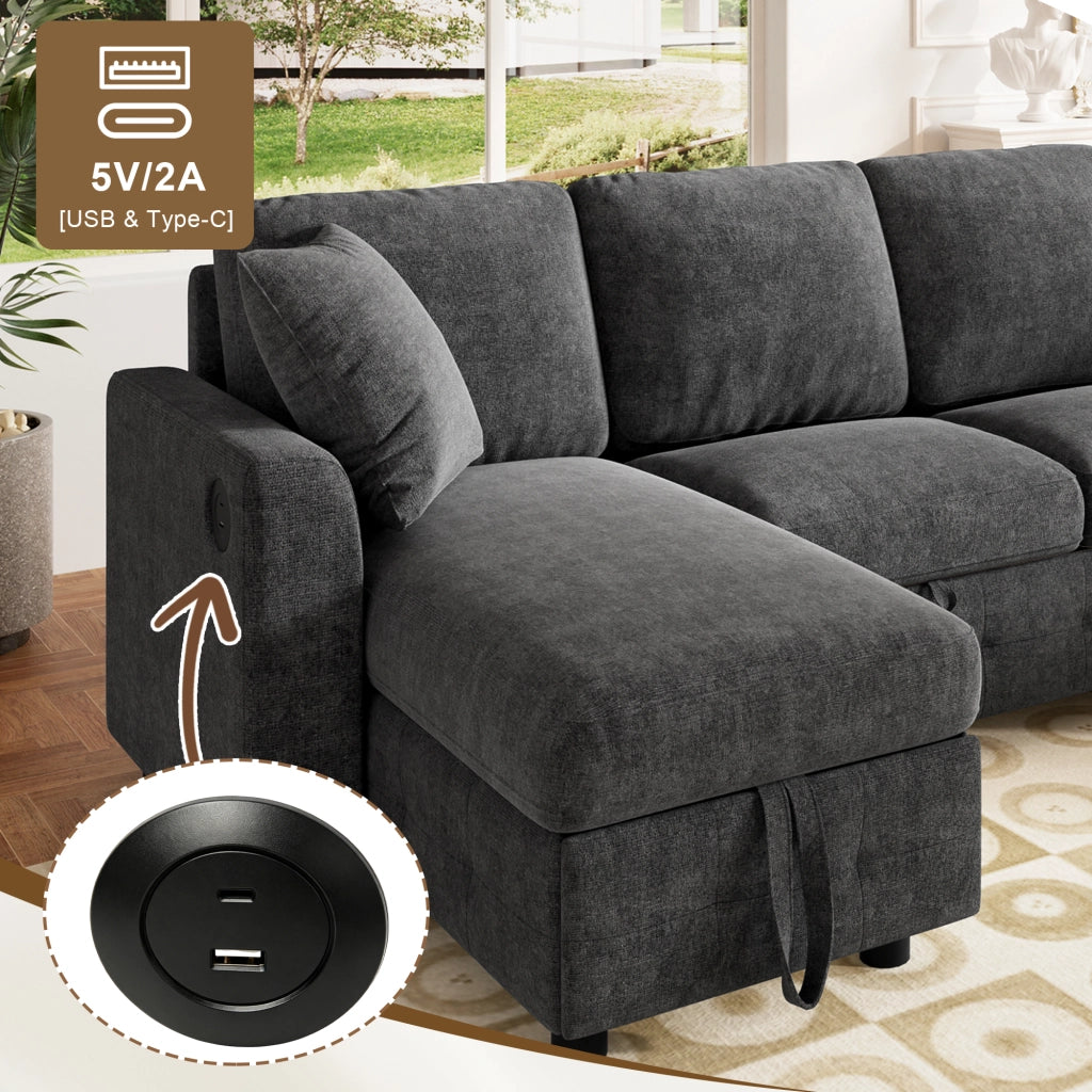 DIVANO LETTO a U con funzione estraibile, 260x128x82 cm, grigio scuro, in chenille