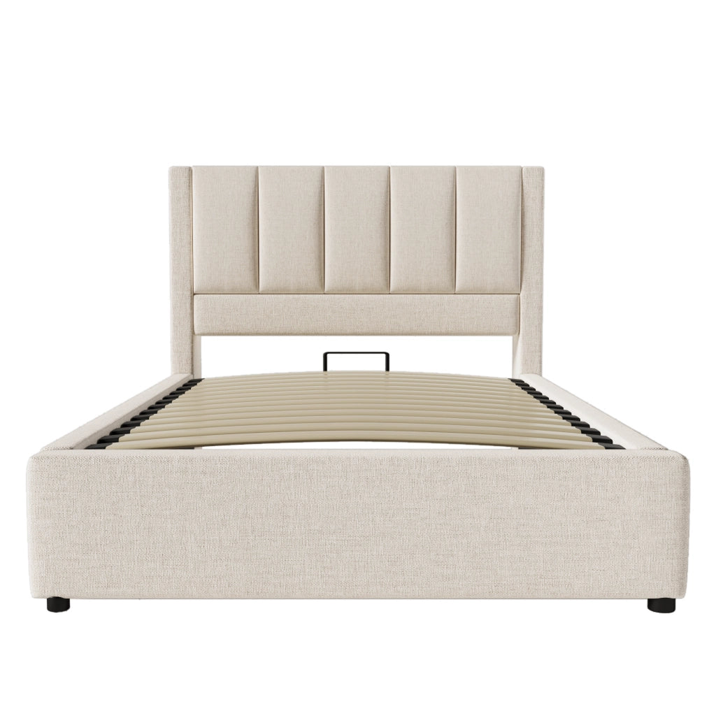 Letto singolo 90x200 cm contenitore con sollevamento idraulico; imbottito in lino beige