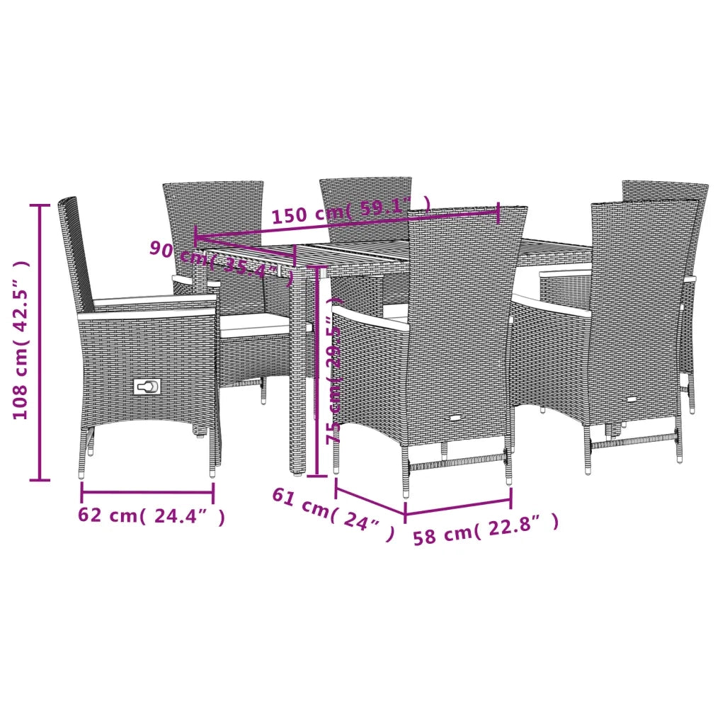 Set da Pranzo da Giardino 7 pz Nero con Cuscini in Polyrattan 3277514