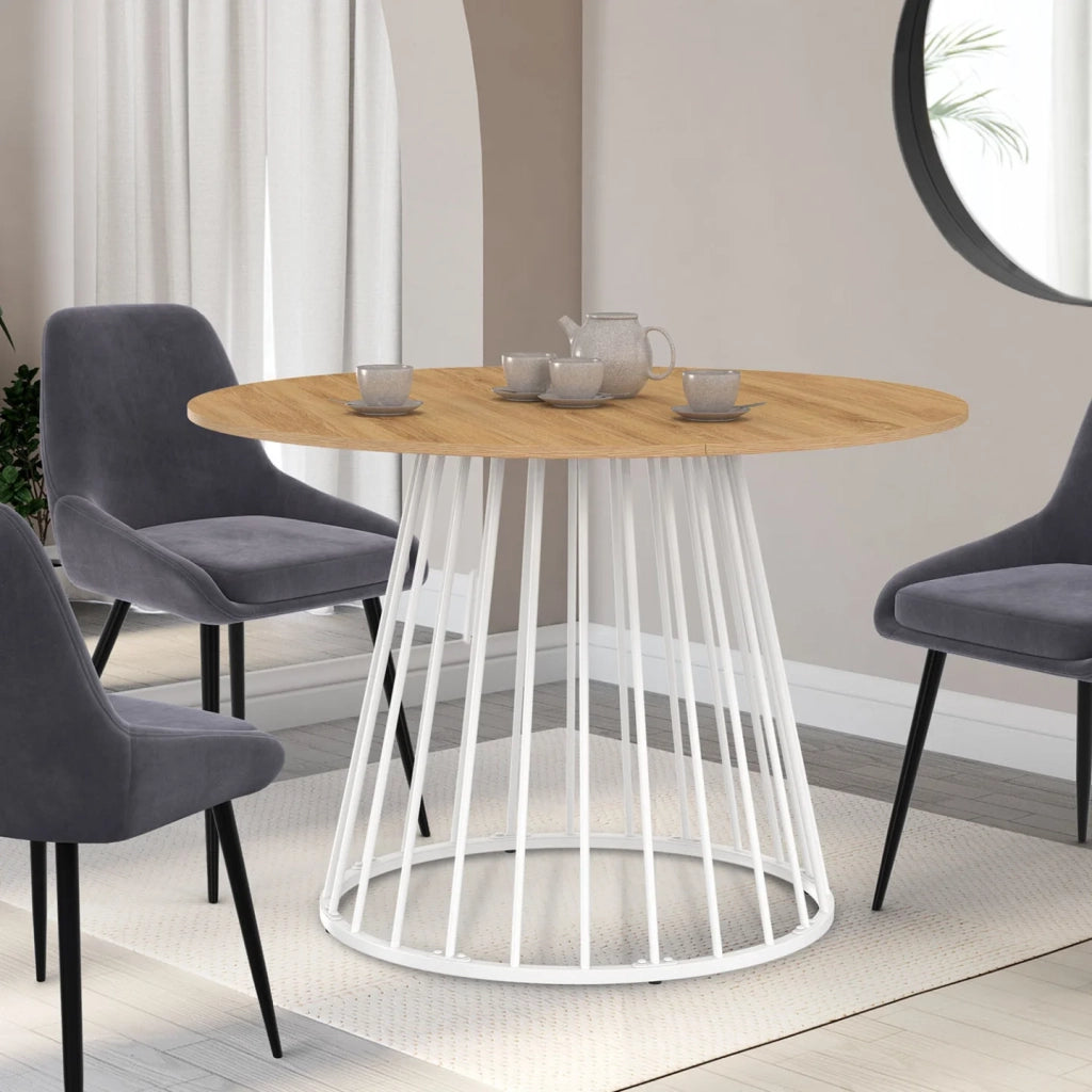 IDMarket - Tavolo da pranzo rotondo allungabile YUNA per 4-8 persone con piano in legno e gamba in filo metallico bianco 110 - 150 cm