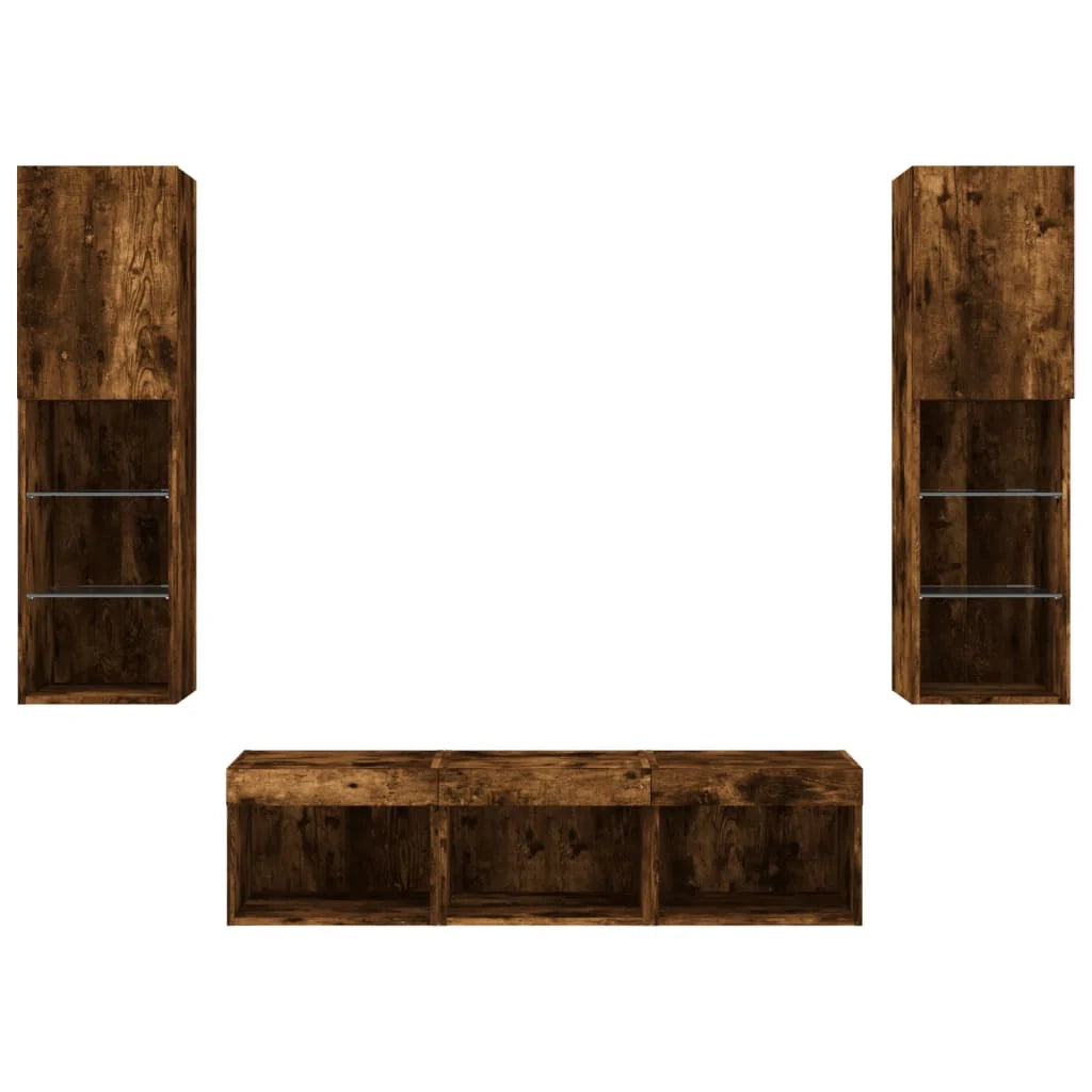 Mobile TV multimediale scaffale TV credenza mobile TV sala da pranzo soggiorno camera da letto con illuminazione a LED 5 pezzi rovere affumicato legno ingegnerizzato marrone 02_0029408