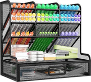 Organizzatore per scrivania, 9 cassettoni, contenitore per penne con cassetto, penne in rete, ripiano di metallo, contenitore per penne, scrivania per scuola, casa, ufficio (nero)