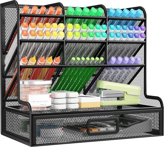 Organizzatore per scrivania, 9 cassettoni, contenitore per penne con cassetto, penne in rete, ripiano di metallo, contenitore per penne, scrivania per scuola, casa, ufficio (nero)