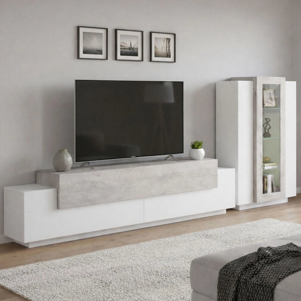 Parete attrezzata da soggiorno Anisia, Made in Italy, Porta TV a luce LED bianca, Set salotto moderno, cm 290x45h121, Bianco lucido e Cemento