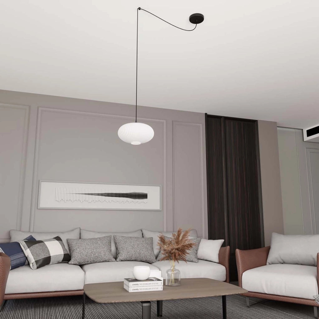 Sospensione 1 Luce Elios In Acciaio Nero Paralume Plissettato Bianco
