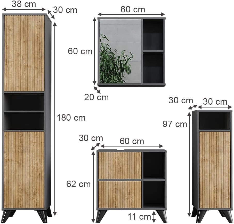 Set di mobili da bagno Leano, Antracite/quercia di montagna, 60 cm, composto da mobile lavabo, pensile a specchio, colonna e base media