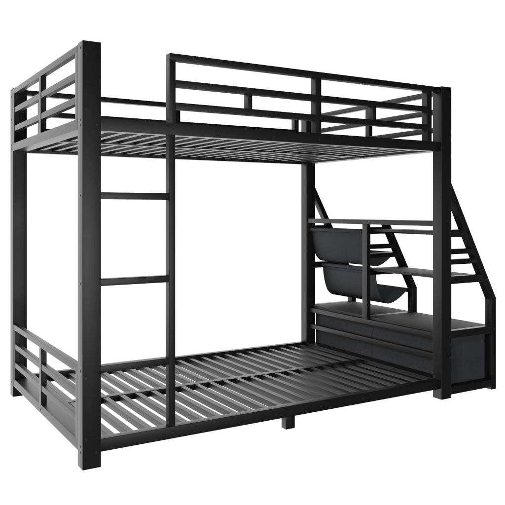 LETTO A CASTELLO 90x200 cm in metallo e legno, nero, con LED e 2 cassetti in tessuto