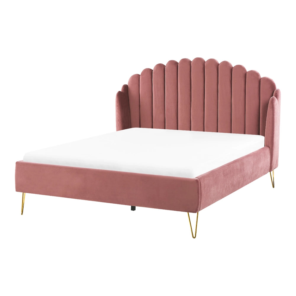 Letto con rete in velluto rosa 140 x 200 cm gambe in metallo testata retro capitonné