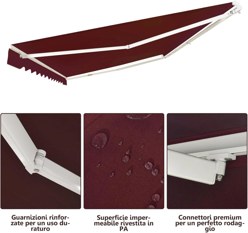 Tenda da Sole per Esterno Avvolgibile 3,6 x 3 M, Tenda da Sole a Bracci Estensibili con Telaio in Alluminio, Tettuccio Resistente al Sole e Impermeabile e Manovella (3,6 x 3 M, Rosso)