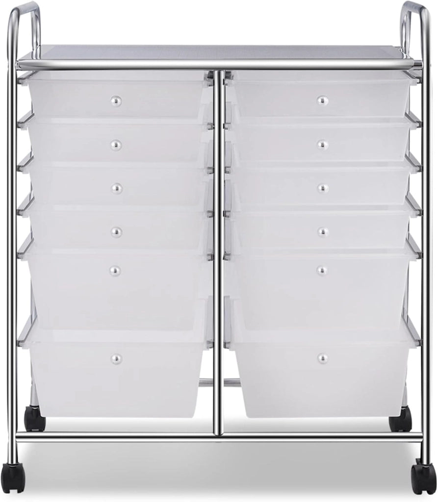 Carrello con 12 Cassetti con Ruote, Carrello di Stoccaggio Multiuso con Ampio Spazio di Archiviazione, Ideale per Casa Ufficio Domestico, 73,5 x 37 x 63 cm (Trasparente)