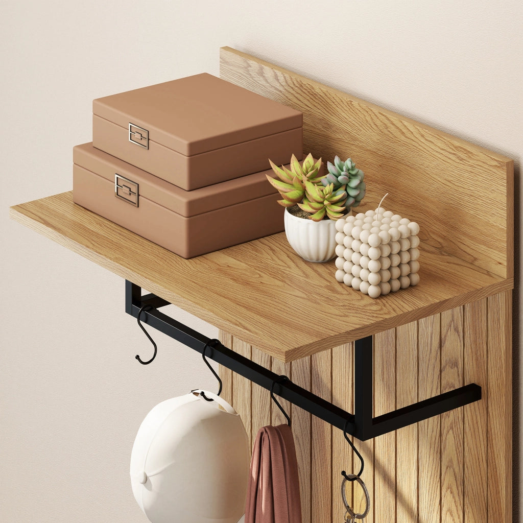 Mobile da Ingresso 60x30x170 cm con Panca Scarpiera e Appendiabiti con 4 Ganci in MDF e Metallo Rovere e Bianco