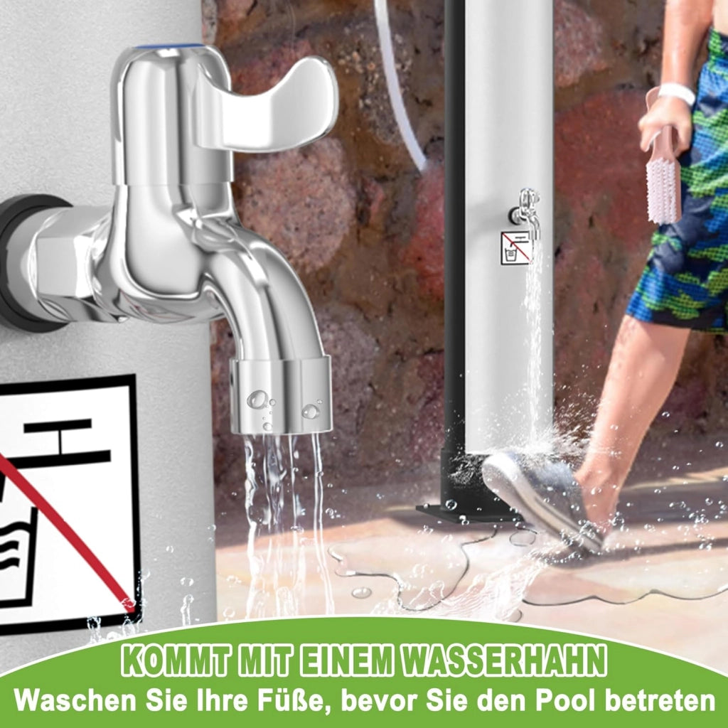 Doccia solare da giardino, 40 l, con cappa protettiva, per esterni, con rubinetto, soffione a pioggia, per giardino, piscina, campeggio, fino a 60 °C, colore: argento