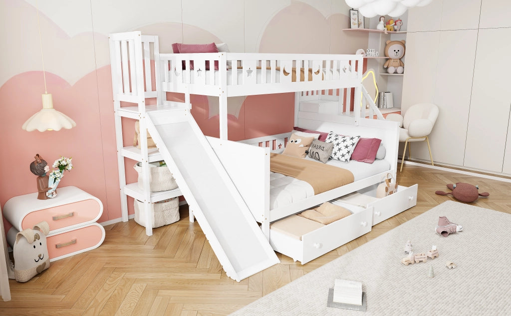 DESMIU Litto a castello bambino 90 × 200 e 140 × 200 cm con scivolo, scala, 2 cassetti, senza materasso, bianco