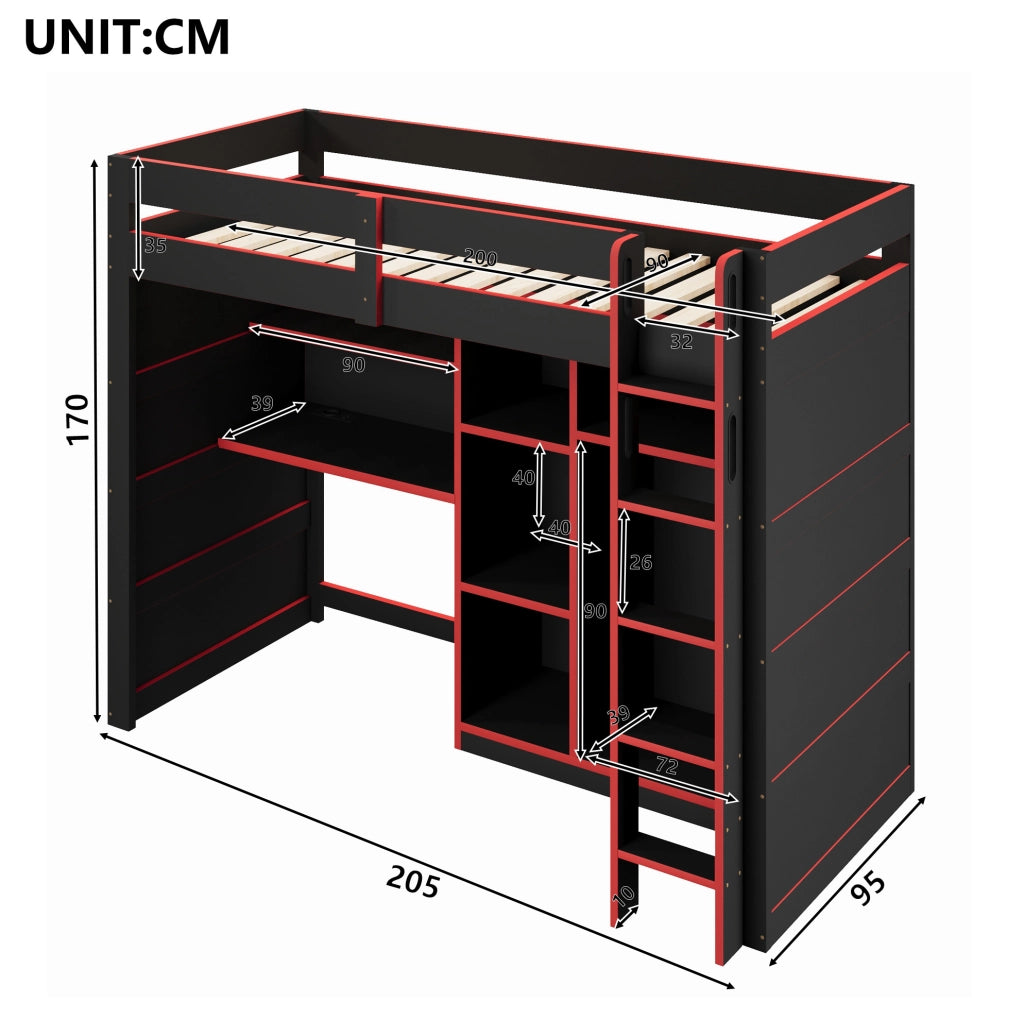 Letto a castello gaming in legno 90x200 cm con scrivania, armadio, LED e porta USB, nero e rosso