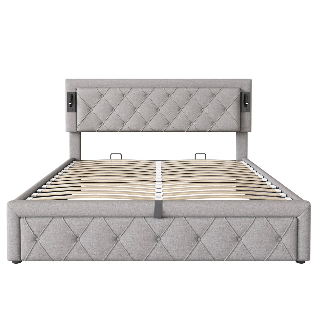 Letto matrimoniale imbottito con contenitore; luce integrata e porte USB; in lino grigio