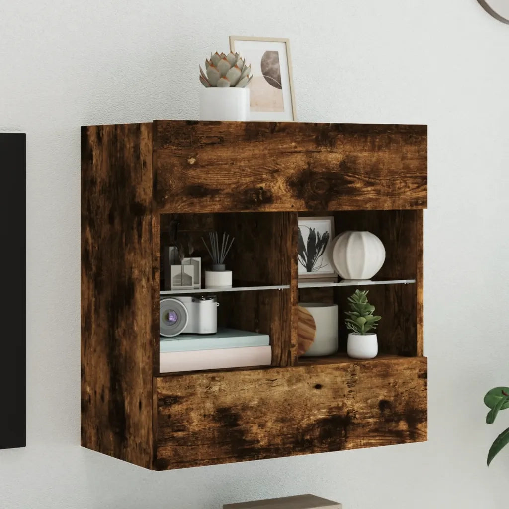 Mobile TV a Parete | Armadietto TV | Mobile Porta TV con Luci LED Rovere Fumo 58,5x30x60,5 cm