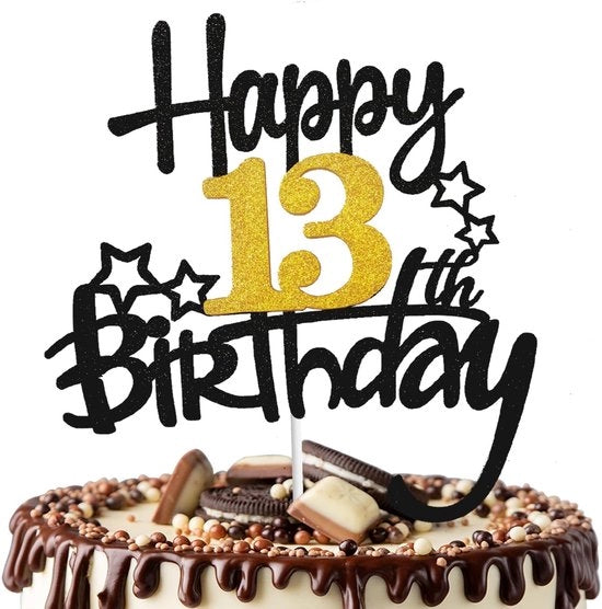 Decorazione per torta 13° compleanno - Ghiaccio/Nero - Articoli da festa - Disegno Bling-Bling - Carta di alta qualità - Dimensioni 16 x 17,5 cm - Decorazione per torta di compleanno