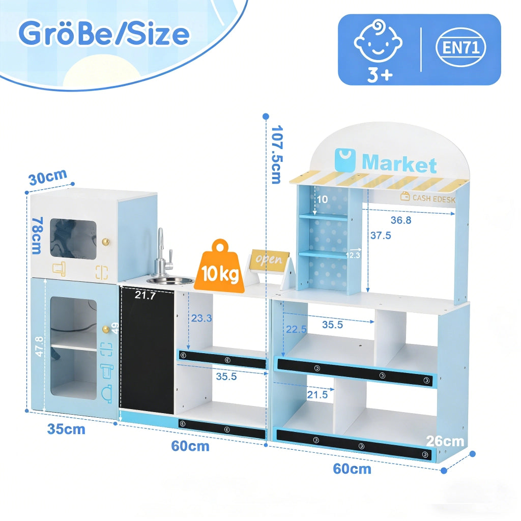Cucina giocattolo per bambini con scaffali frigorifero lavagna cancellabile banco laterale e rubinetto in MDF blu