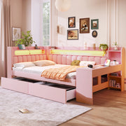 OKWISH Letto Divano 140 x 200 cm, Letto Matrimoniale con 2 Cassetti, USB, LED e Scrivania, senza Materasso, Rosa