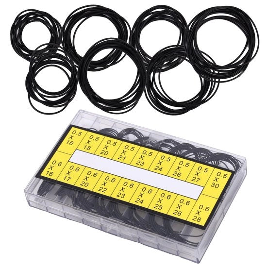 Set di O-ring 200 pezzi - 18 misure 0,5/0,6 mm - Anelli di gomma per sigillatura - Packing orologio - Riparazione e sostituzione - Nero - Packing orologio