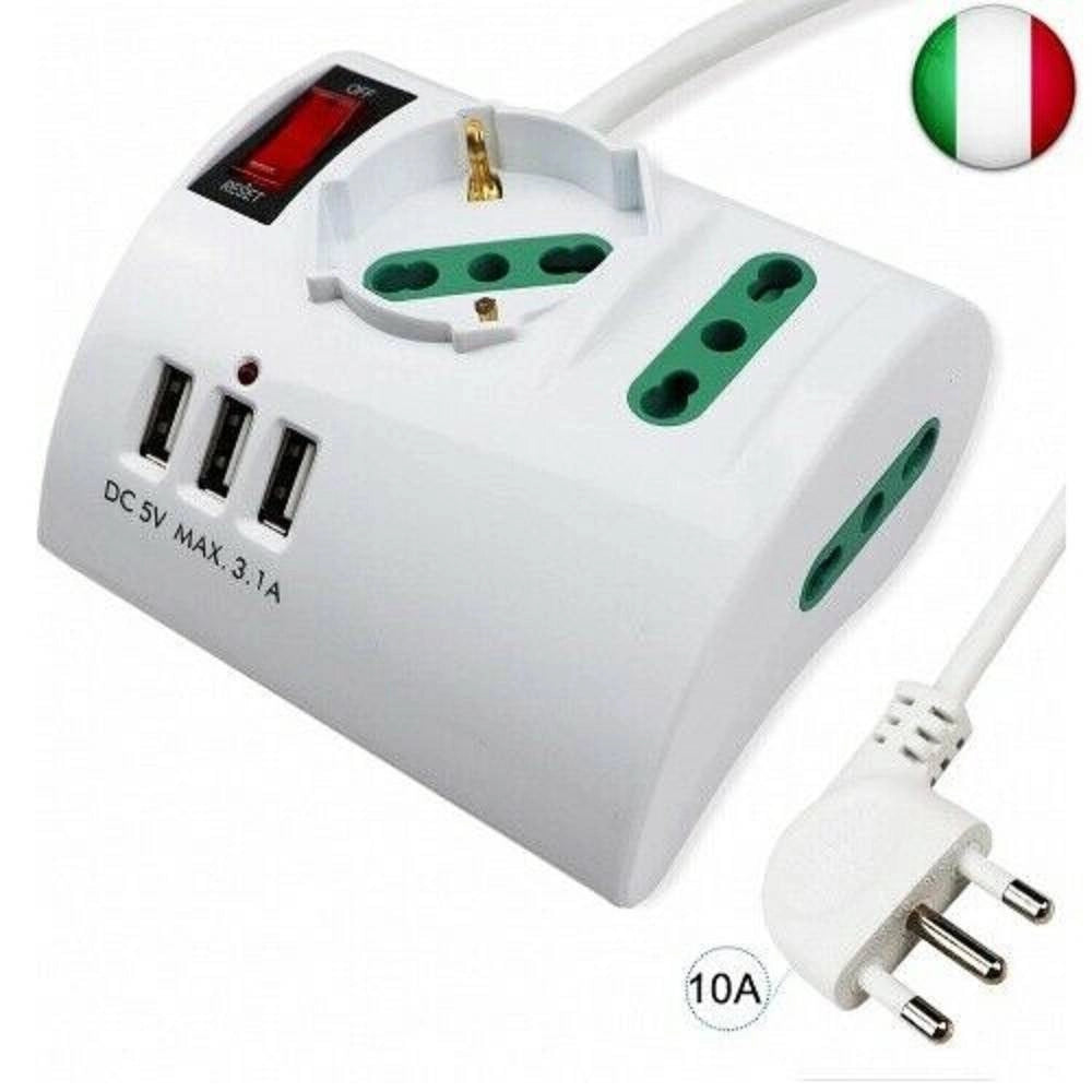 Trade Shop - Multipresa Elettrica Da Scrivania Tavolo Con 3 Presa 3 Usb Bianco Shuko Bipasso -