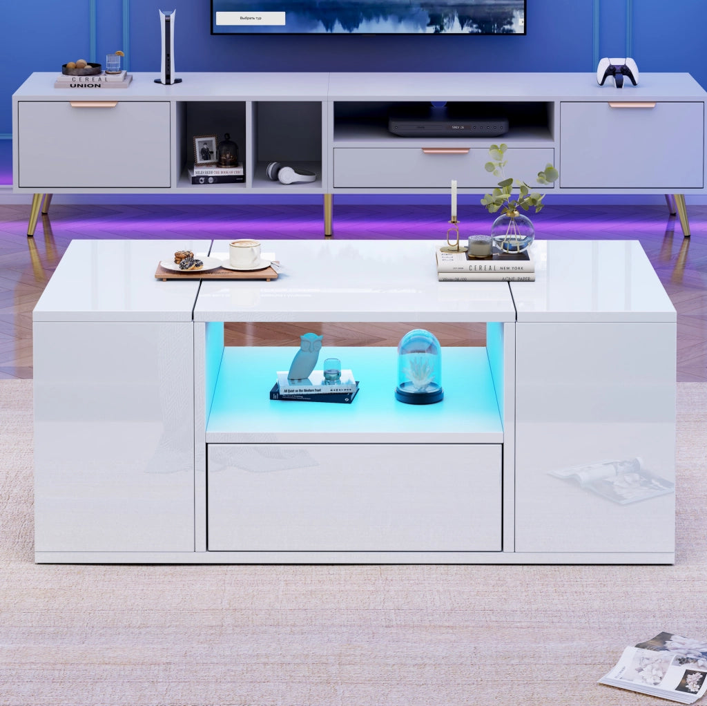 Tavolino da caffè LED bianco lucido 100x50x40 cm