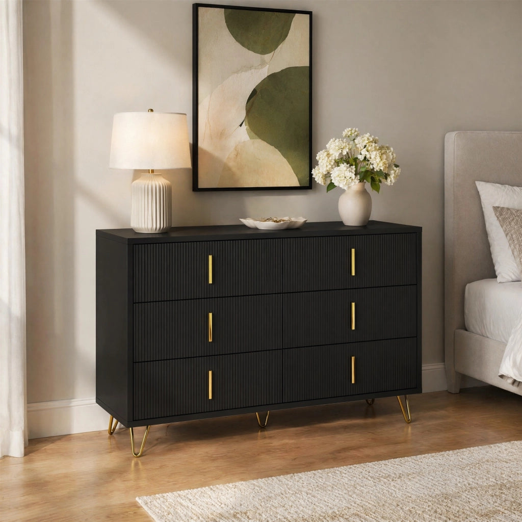 Credenza moderna a 6 cassetti 120x40x77 cm in truciolare nero e oro