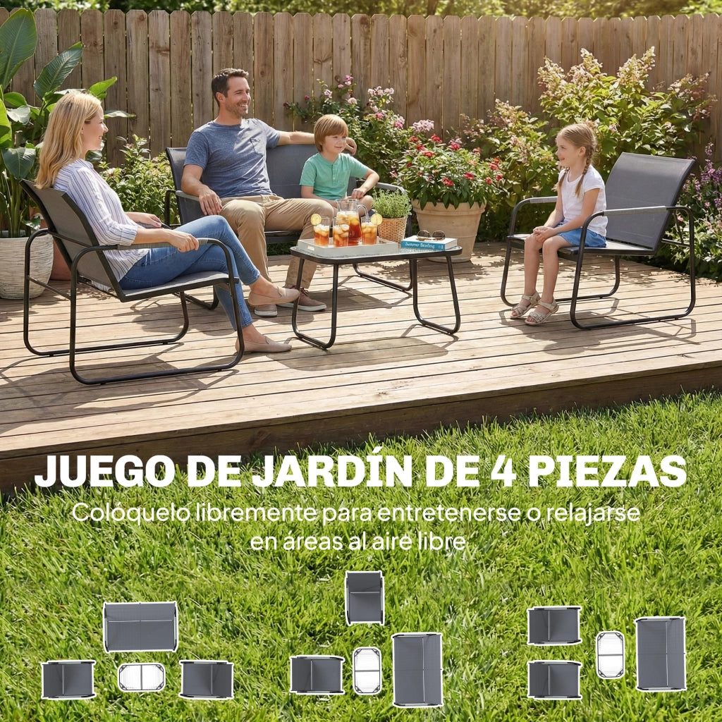 Set Giardino Esterno con Divano 2 Posti, 2 Poltrone e Tavolo in Vetro ¨C zephmum ¨C Grigio Tessilene