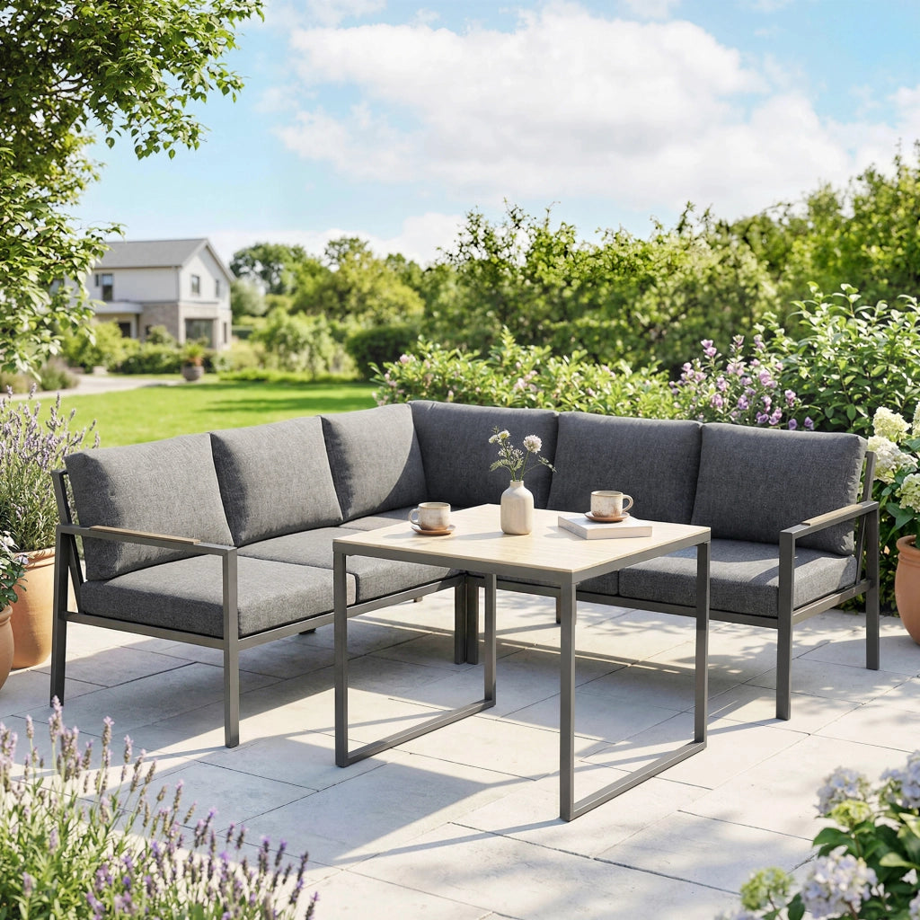 Set Giardino Esterno 3 Pezzi 5 Posti ¨C zephmum ¨C 2 Divani con Cuscini, Tavolino, 183x183x72, Grigio Scuro
