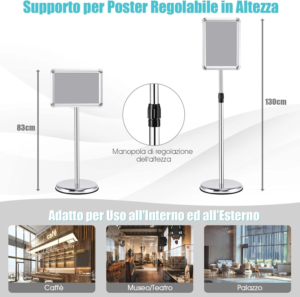Supporto Poster Menù Stand per Pubblicità da Terra in Metallo, Girevole e Regolabile in Altezza, A4 / A3 (A4 Argento x 2)