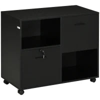 Mobile da Ufficio con 2 Cassetti Porta Documenti e Ripiani, Ruote con Blocco, 80x40x66cm, Nero