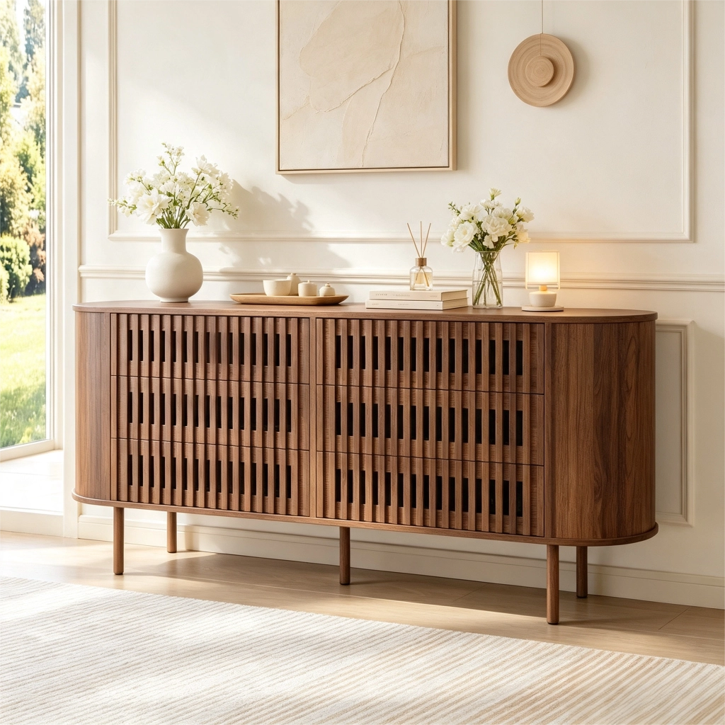Madia con 6 cassetti e design a lamelle; per soggiorno; in MDF; 160×40×70 cm