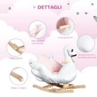 Cavallo a Dondolo a Forma di Cigno con Musica, Cavalluccio a Dondolo con Struttura in Metallo e Legno, Rivestimento Peluche, 60x32x55cm, Bianco