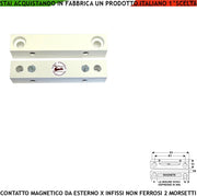 Sensore Magnetico da Esterno Antifurto Contatto Reed Sottovuoto Sensibilità Magnetica 13 mm Tensione Transito Max 30 V 0,5 Ah Carico Resistivo Uscita NC 2 Morsetti Cover ABS Bianco Protezione IP40