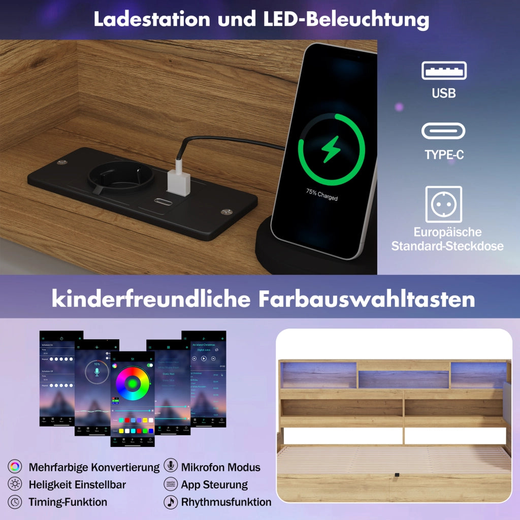 Letto per bambini 90 × 200 cm et 140 × 200 cm contenitore idraulico, LED, USB et USB-C, senza materasso, in MDF, naturale