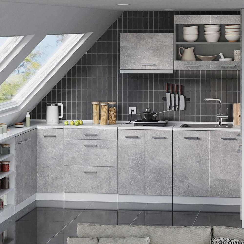 Mobile cucina sottotetto R-Line Calcestruzzo/Bianco 60 cm senza inclinazione con 2 ante Vicco
