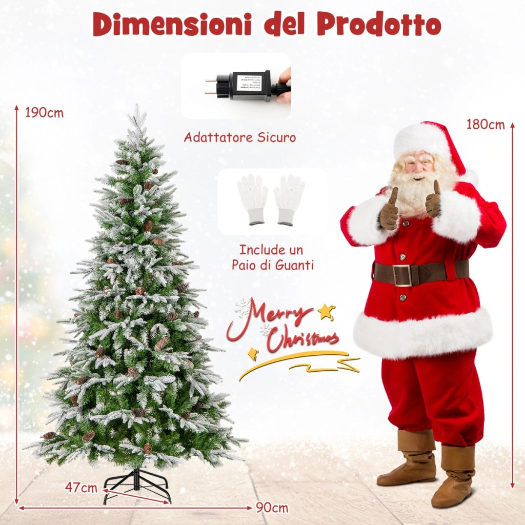 Albero di Natale artificiale pre-luminoso 190cm con rami articolati e 765 punte, Albero di Natale foderato di neve-Alberi di Natale