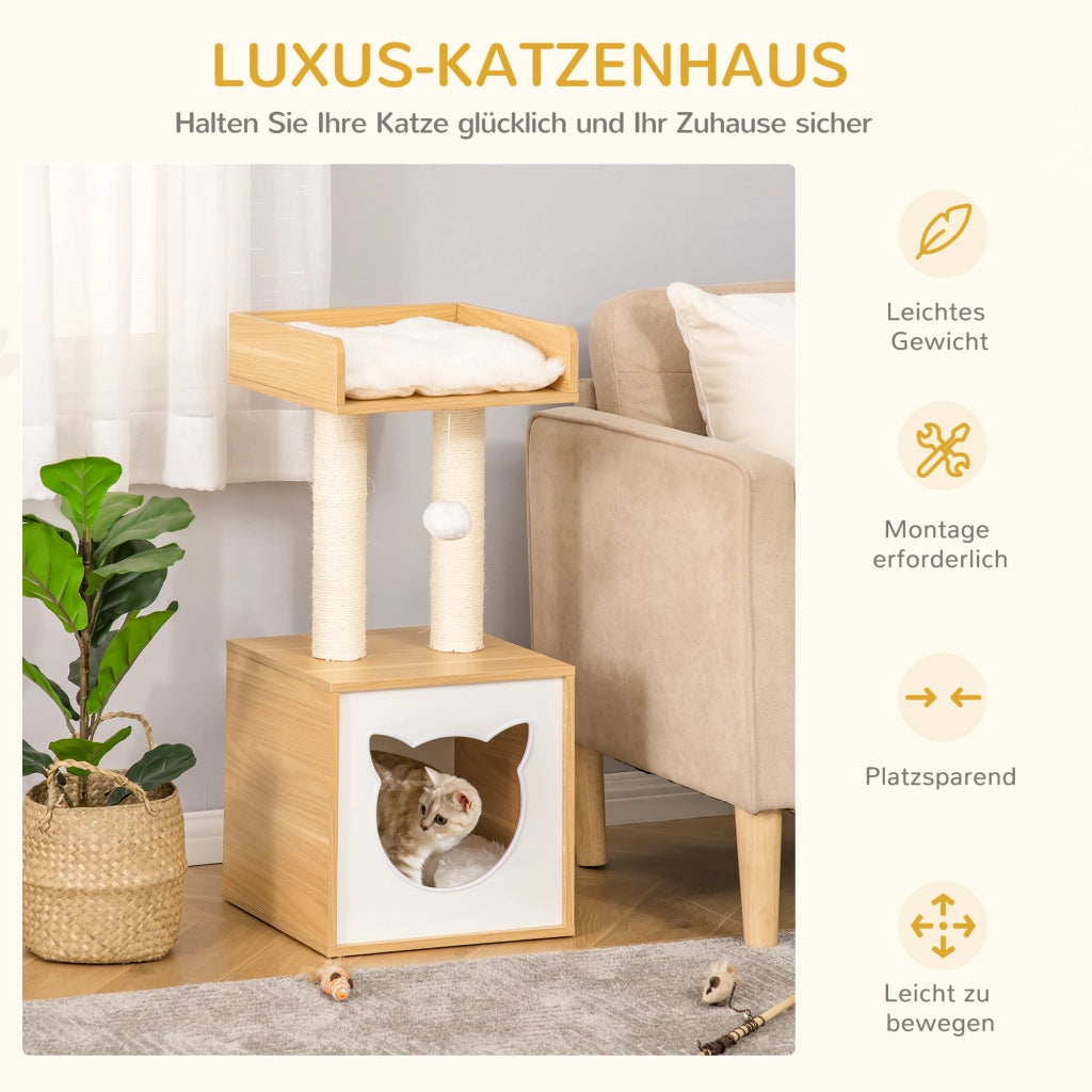 Cuccia per gatti con cuscino lavabile, piattaforma, tiragraffi e pallina gioco ¨C Xylo ¨C 35x35x81 cm quercia