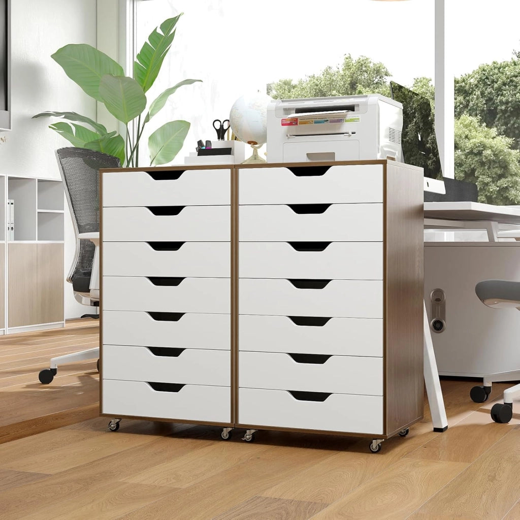 Cassettiera Ufficio con 7 Cassetti, Cassettiera Scrivania con 4 Ruote Bloccabili, Schedario Portadocumenti in Legno, per Stampante per Studio, Camera da Letto, 49 x 40 x 87 cm (Naturale)