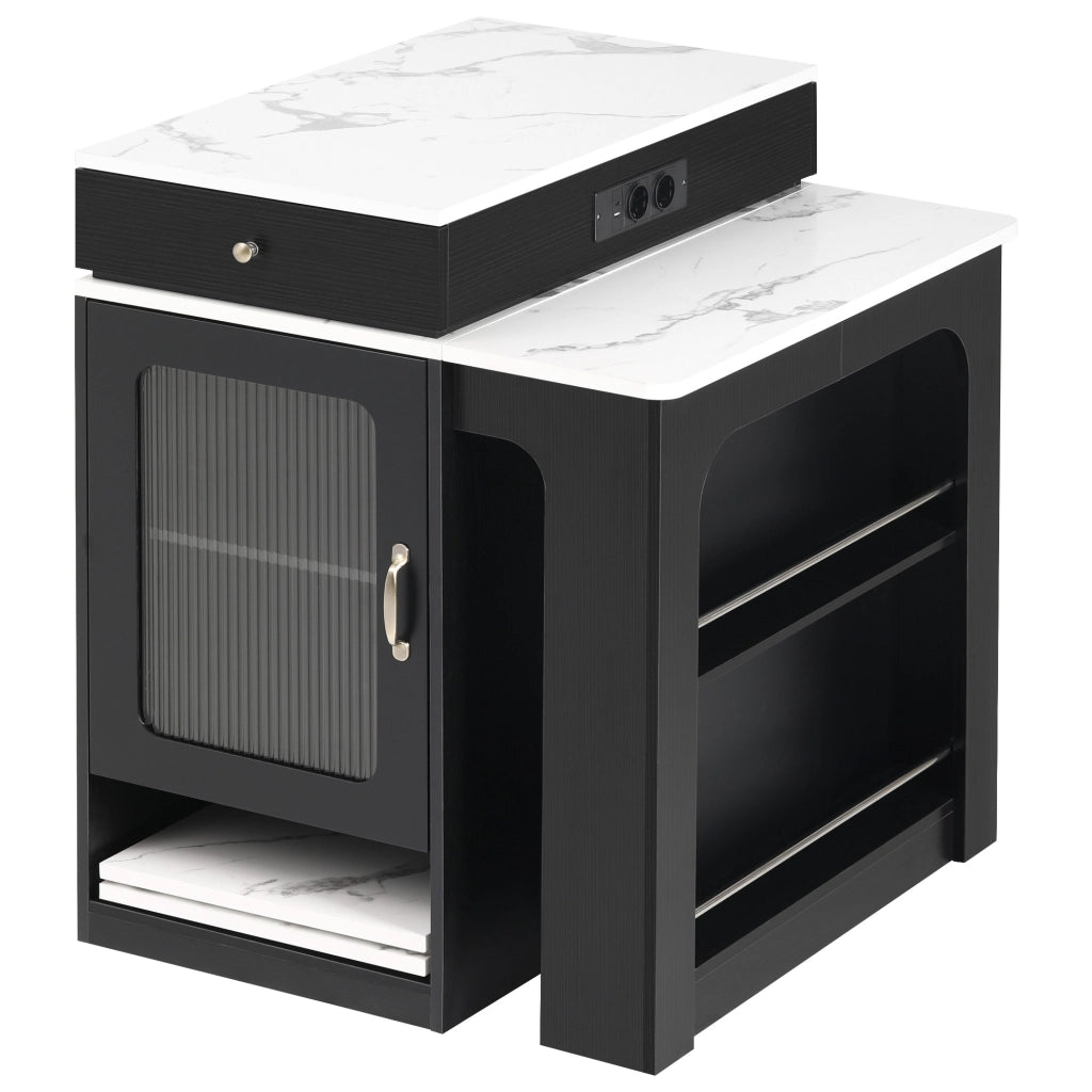 Tavolo allungabile per 4 persone con presa integrata 1 cassetto ripiani regolabili ante in vetro MDF bianco e nero