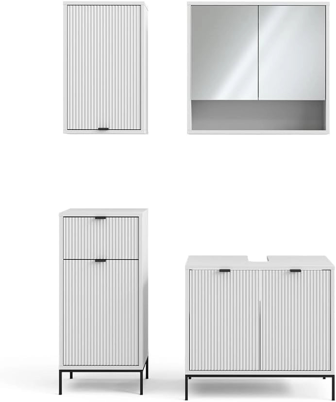 Set di mobili da bagno Eliza, Bianco, 70 cm, composto da mobile sottolavabo, specchiera, armadio medio e pensile