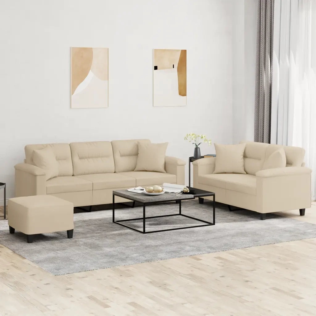 Set Divani 3 pz con Cuscini Crema in Tessuto Microfibra 3202360