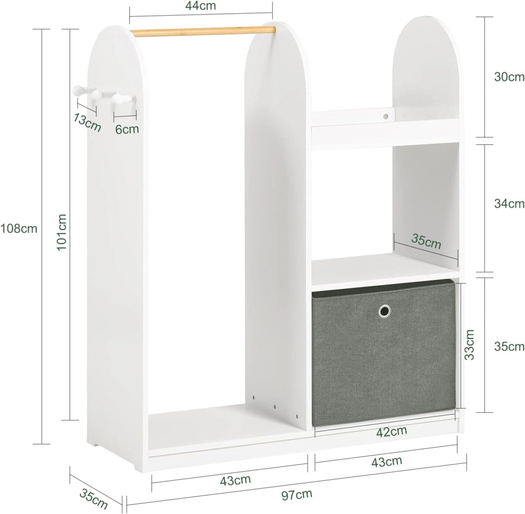 Armadio Cameretta Armadio Bambini con 3 Scomparti, Contenitore Tessuto e 3 Ganci Laterali Guardaroba con Appendiabiti per Bambini Bianco 97x35x108 KMB40-W