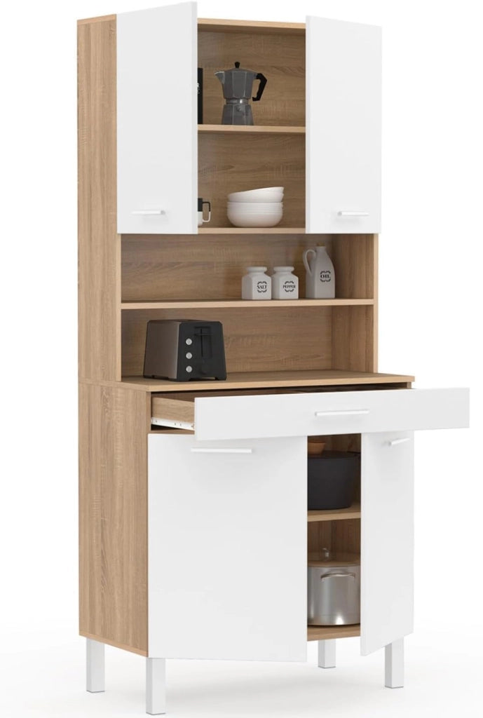 Comò da cucina CINA 80 CM con 4 ante + cassetto, finitura faggio e bianco