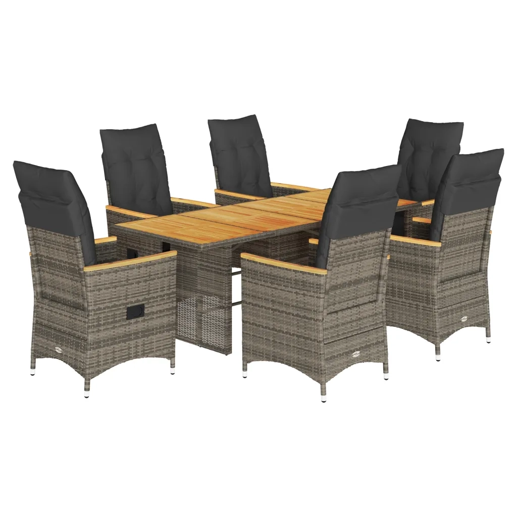 Set da Pranzo da Giardino 7 pz con Cuscini in Polyrattan Grigio