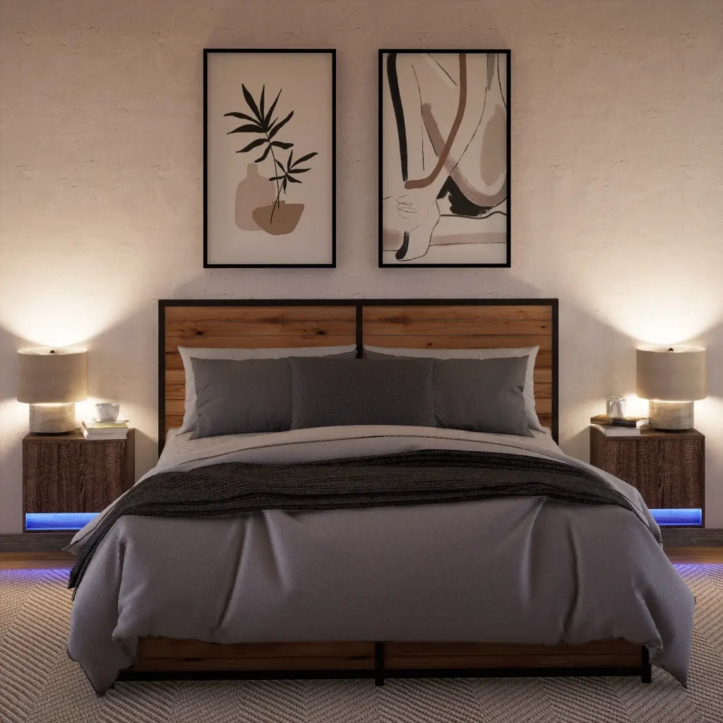 Comodini a Parete con luci LED 2 pz Rovere Marrone