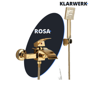 "ROSA" | Miscelatore vasca a cascata doccia oro | in acciaio inox comprensivo di doccetta e supporto | Set completo termostato vasca con rubinetto
