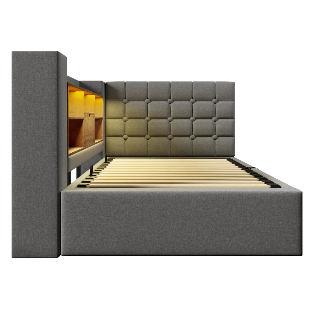 Letto singolo 90x200cm con LED, contenitore idraulico, testiera L reversibile, grigio